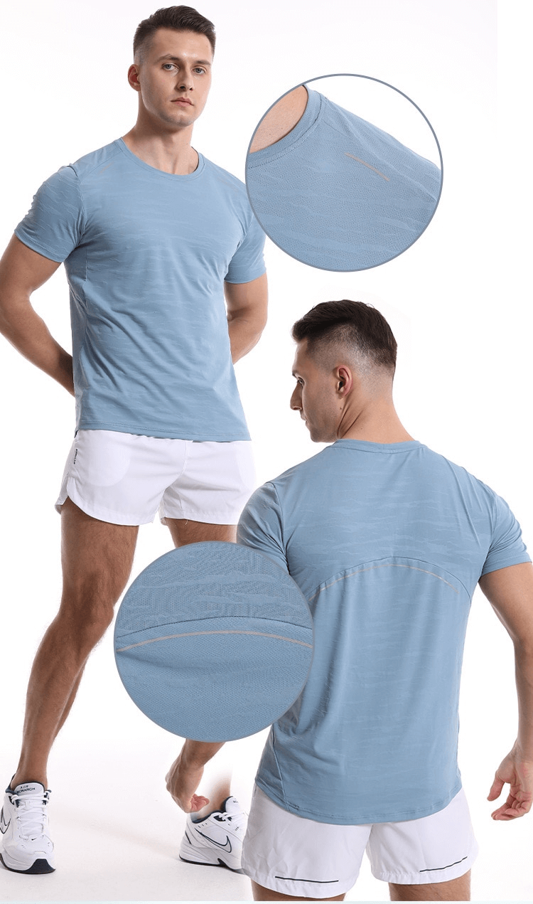 Men's casual short sleeves basketball elastic t-shirt in light blue, showcasing breathable polyester material and sporty fit.